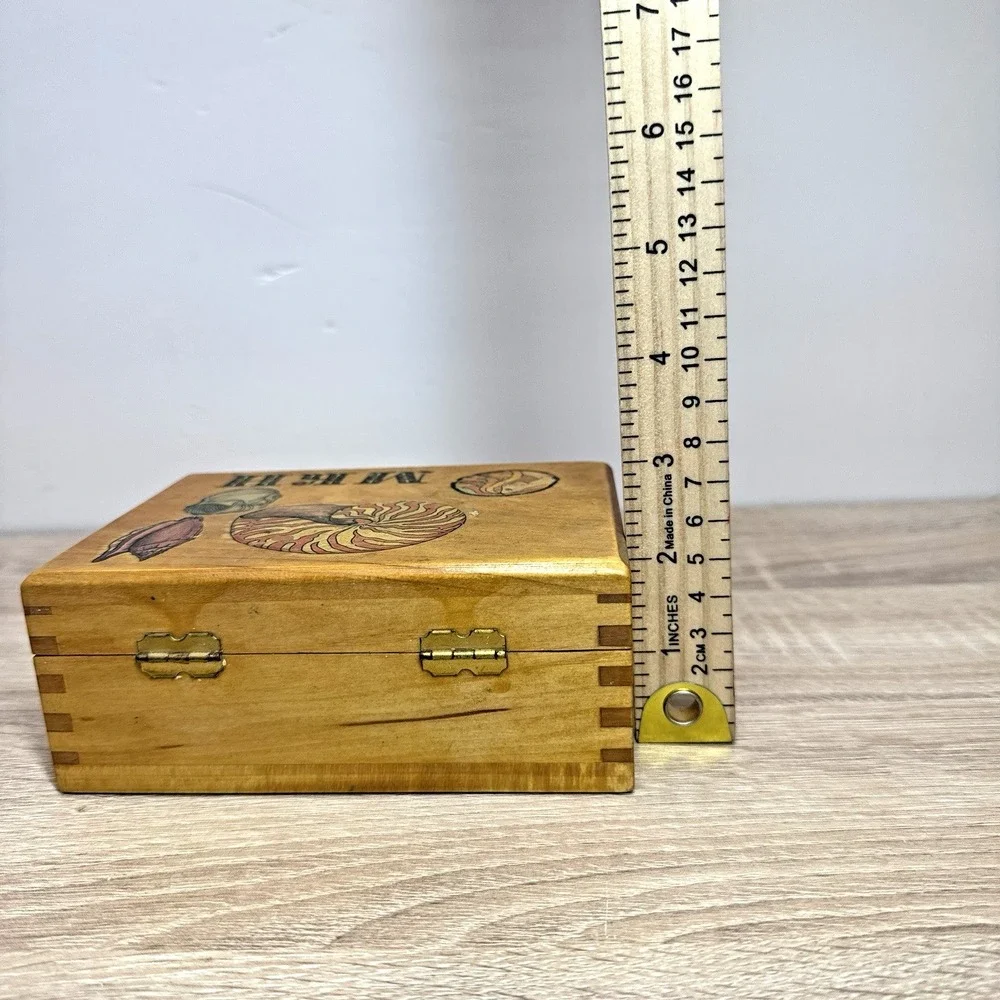 Vintage Wood Jewelry Box Nautilus Shell Hinged Trinket Coastal Sea Life Décor